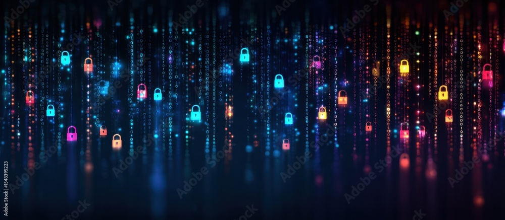 Poster abstract digital background with colorful padlock icons on a dark blue background, symbolizing secur
