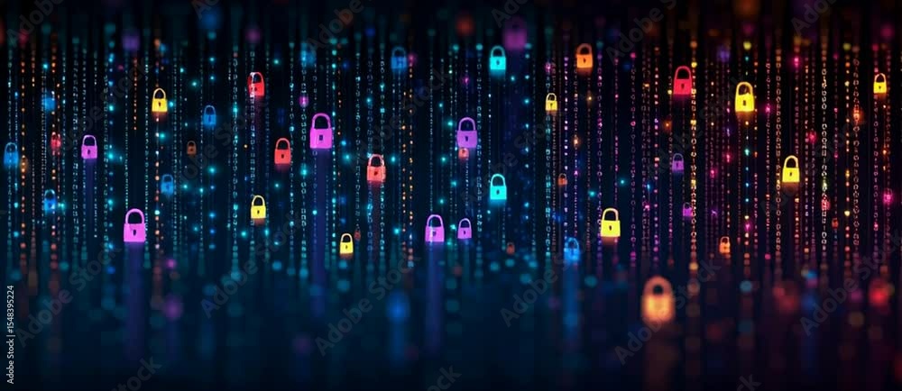 Poster abstract digital background with colorful padlock icons on a dark blue background, symbolizing secur