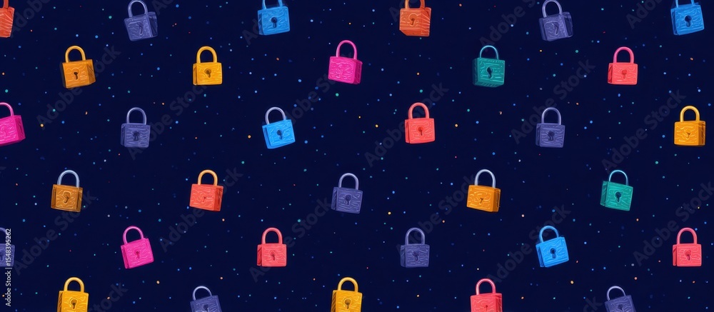 Poster a dark blue background with small, colorful padlocks scattered across it, representing digital secur