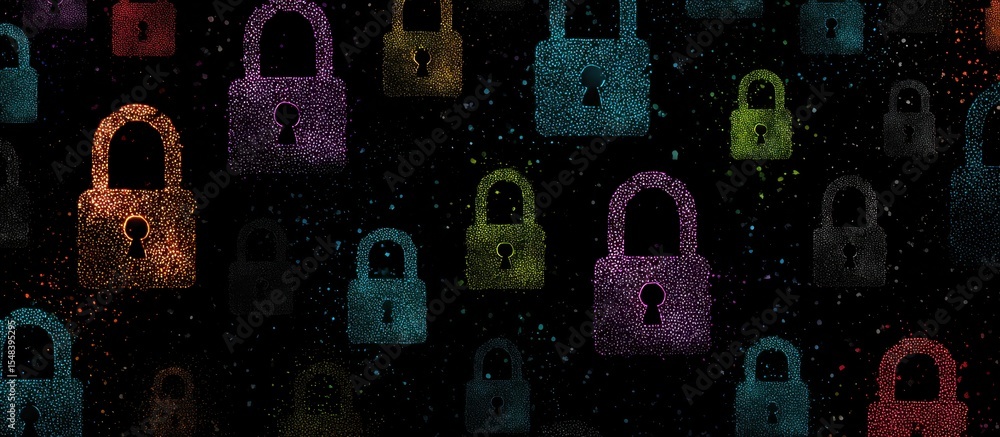 Poster a digital background featuring a pattern of colorful padlocks, representing data security and protec