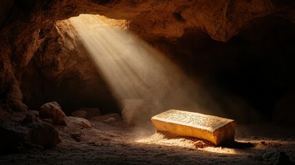 An ancient stone tablet, partially illuminated by a beam of sunlight in a cave, suggests mystery, history, and the passage of time, inviting exploration.