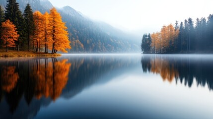 Fototapeta premium A tranquil lake reflecting vibrant autumn trees amidst fog, creating a peaceful scene that speaks to the beauty of nature and the changing seasons in a soothing landscape.
