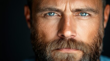 Fototapeta premium A close-up portrait of a serious man with piercing blue eyes and a full beard, capturing his intense expression and rugged handsomeness with striking detail.
