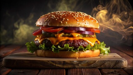 A close-up of a juicy gourmet cheeseburger with melted cheddar