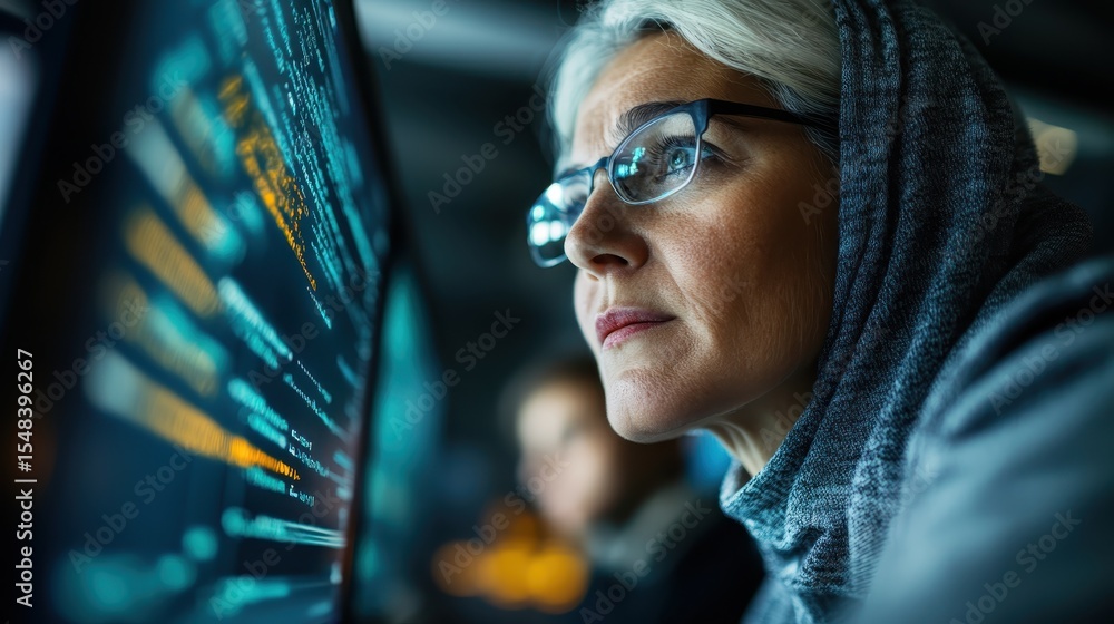 Poster a dedicated woman intensely focuses on her computer screen filled with code, embodying concentration