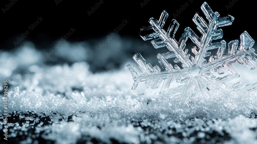 Poster a beautiful close-up of a snowflake resting on a frozen surface, showcasing its intricate patterns a