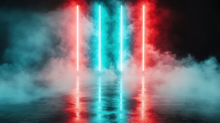 Vibrant neon lights glow in a foggy, moody atmosphere, creating an enchanting effect that blends the dynamic energy of modern art with the mysteries of abstraction.