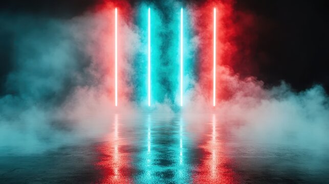 Vibrant neon lights glow in a foggy, moody atmosphere, creating an enchanting effect that blends the dynamic energy of modern art with the mysteries of abstraction. - Powered by Adobe