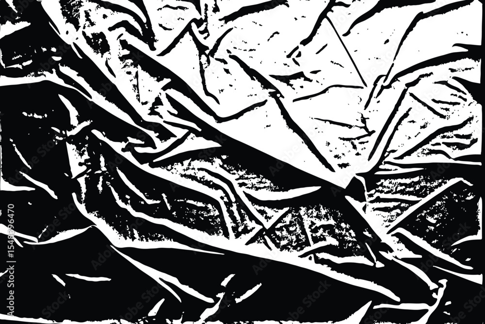 Poster black and white image of crumpled fabric with sharp lines and deep shadows creating texture.