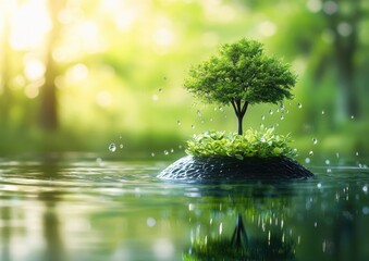 Small tree on a rock island in a tranquil lake