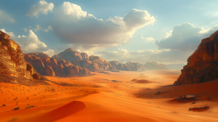 Fototapeta premium Blazing orange sand dunes glow under warm sunlight. Rugged canyon mountains shape the desert horizon. Perfect for travel promotions, arid region editorials, or cinematic backdrops.