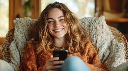 A smiling young woman sitting comfortably in a cozy chair, engaged with her smartphone, exuding happiness and relaxation in a warm, inviting indoor setting.