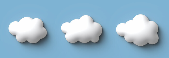 Tree cute white clouds. Fluffy kawaii 3D illustration of white cumulus clouds. Kids room banner, weather forecast.
