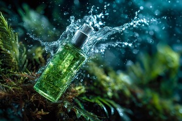 Green perfume bottle splashing with water in lush greenery