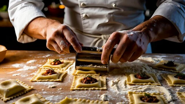 Professional chef preparing fresh stuffed ravioli pasta on floured wooden countertop in warm kitchen setting