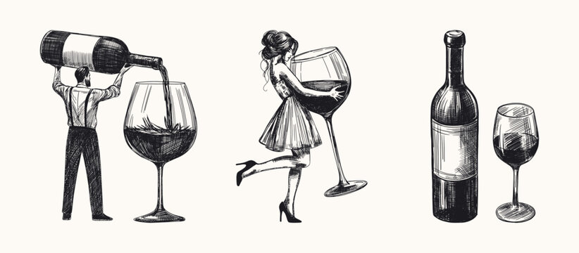wine culture concept sketch set with man pours alcohol from an oversized large bottle woman holding giant glass isolated black white hand drawn line art detailed illustrations collection