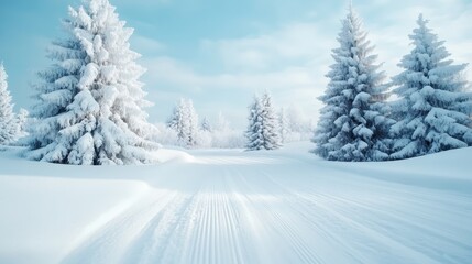 Fototapeta premium A picturesque winter landscape featuring snow-covered trees and a serene sky, inviting a sense of calm, tranquility and the beauty of nature in cold weather.