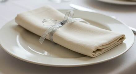 Rolled white napkin on plate