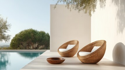 A serene and modern outdoor space featuring stylish wicker chairs and a tranquil pool, embodying relaxation, aesthetics, and a connection to nature in a minimalist design.