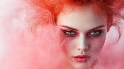 Fototapeta premium A striking portrait showcasing a model with bold makeup surrounded by swirling pink smoke, highlighting the dynamic interplay between color and emotion.