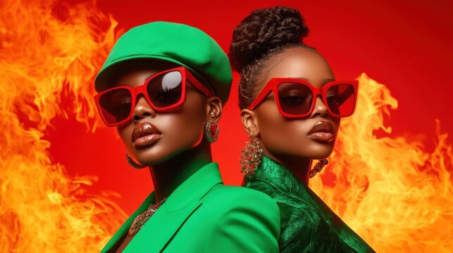 Two stylish women in striking green and red outfits and oversized sunglasses pose confidently against a fiery background, showcasing their bold fashion choices and attitude.