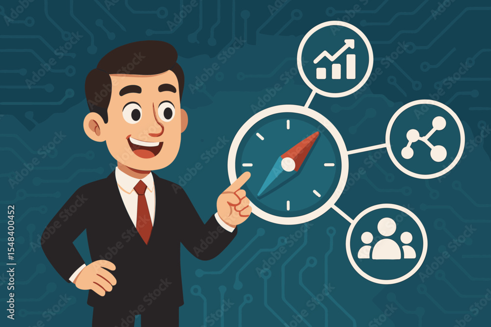 Poster tech-driven marketing strategy concept. businessman using a compass for business guidance. vector ic