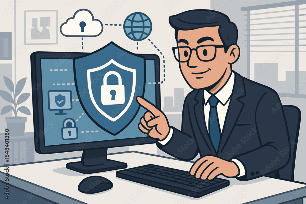 Poster cybersecurity concept with businessman pointing at computer screen with shield and lock. it professi