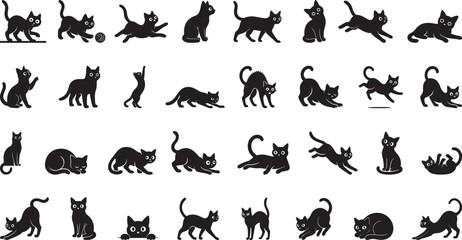 Fototapeta premium Black Cat Silhouettes Vector Set – Cute, Playful, Dynamic Cartoon Poses Isolated on White