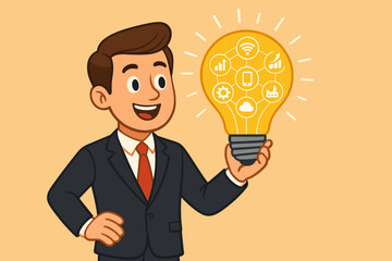 Creative business idea concept. Cartoon businessman holding a glowing light bulb with technology icons. Symbol of innovation, strategy, IoT, connectivity, and smart solutions. Vector.