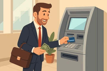 Businessman using ATM for cash withdrawal. Man in suit holds money and inserts credit card into bank machine. Financial transaction concept. Banking and finance vector cartoon illustration.