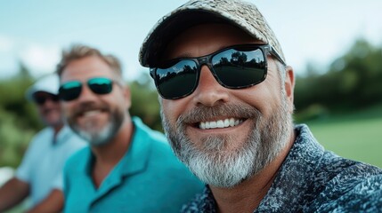 A cheerful selfie of friends on a golf outing, showcasing smiles and camaraderie, capturing the joy of leisure time spent outdoors in a casual setting.