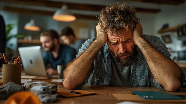 A distressed man visibly expressing frustration amidst a busy workplace, capturing the emotional weight of stress in a contemporary office environment filled with activity.