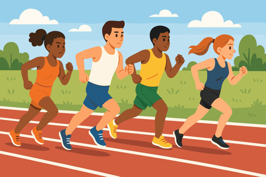Athletics competition with diverse people running on a track field. Multiethnic runners competing in a marathon or sprint race. Concept of sport, fitness, and healthy lifestyle. - Powered by Adobe