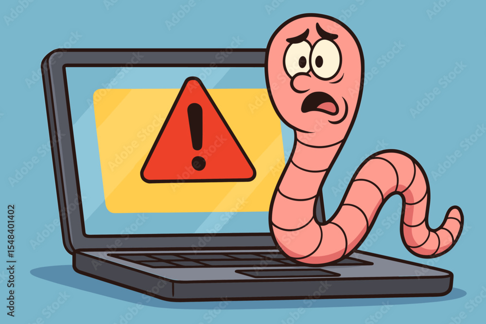 Poster computer worm malware concept. cartoon worm character crawling on a laptop with an error message. cy