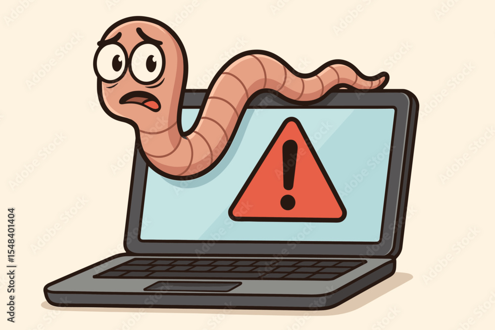 Aufkleber scared cartoon worm as a computer virus or malware crawling from a laptop screen. system error alert