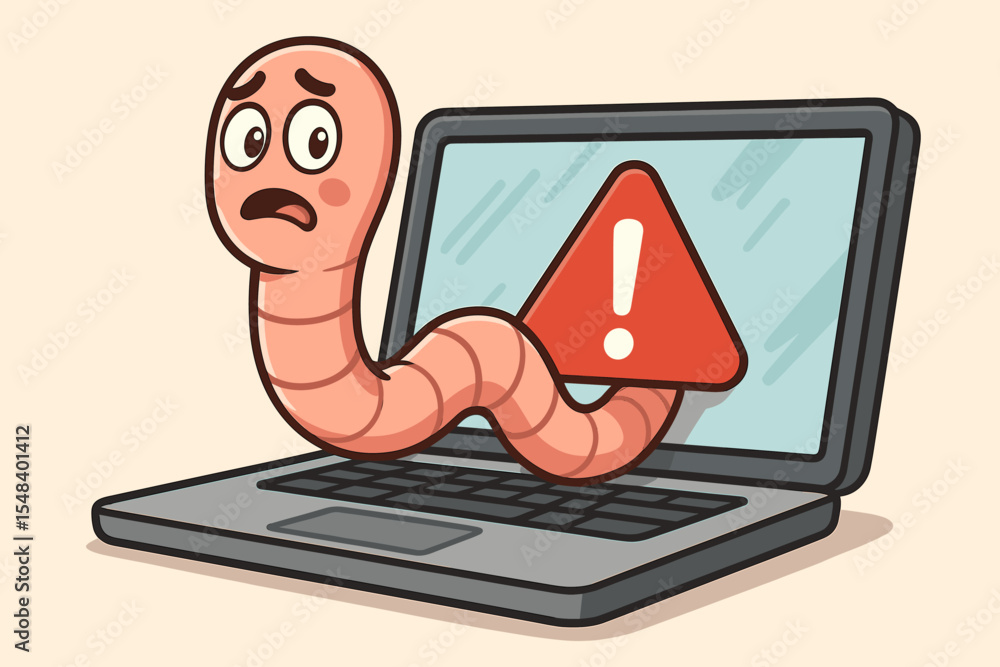 Poster computer worm virus metaphor with a cartoon character crawling from a laptop. cybersecurity concept 