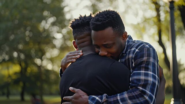 Two black african men hugging each other tightly in city park with warm sunset light, friends offering support to each other during a difficult time, camera orbiting right
