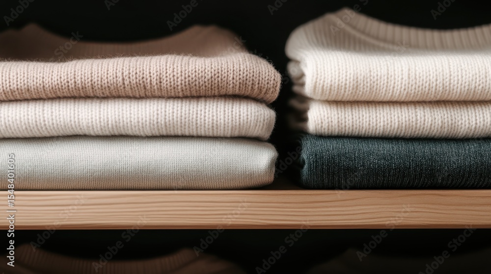 Poster a warm and inviting display of neatly stacked sweaters in soft neutral tones, set against a dark bac