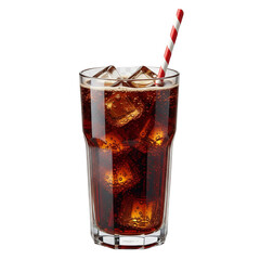 Iced cola in glass with striped straw isolated on clear transparent background Generative Ai.