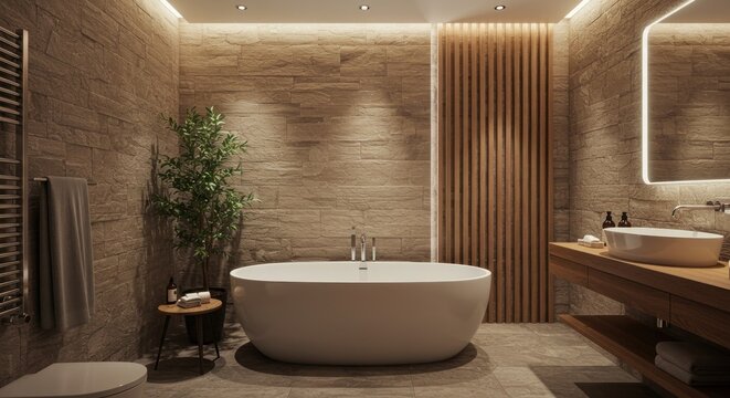 Modern bathroom interior design freestanding bathtub and neutral colors