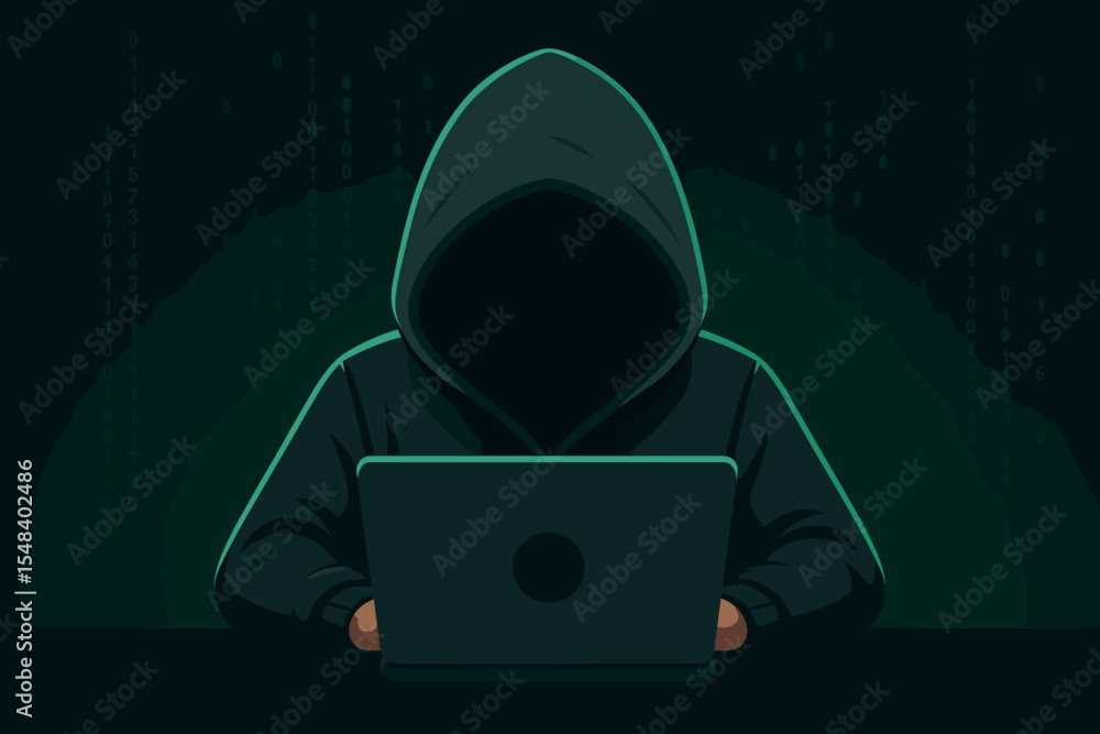 Poster anonymous hacker in a hoodie committing a cyber attack on a laptop. cybercrime concept with a facele
