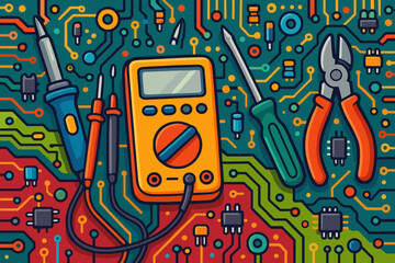 Colorful vector illustration of electronic repair tools on circuit board background. Multimeter, screwdriver, soldering iron, pliers, probes, electronic components. Technology repair concept.