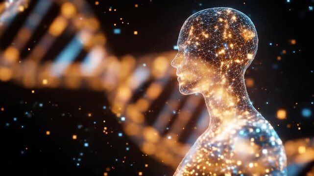 Glowing DNA strands and human figure with neon data streams – cinematic sci-fi render, genetic engineering video visualization - Powered by Adobe