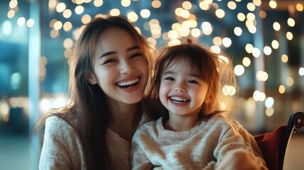 A heartwarming moment captured between a joyful mother and her young daughter, both wearing matching sweaters, radiating happiness amidst a backdrop of soft lights.