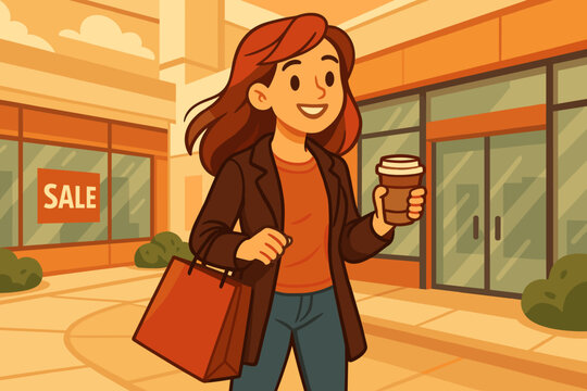 Smiling woman shopping at mall holding coffee cup and bag, casual fashion, retail sale, Black Friday deal, modern lifestyle, outdoor shopping center, vector cartoon illustration
