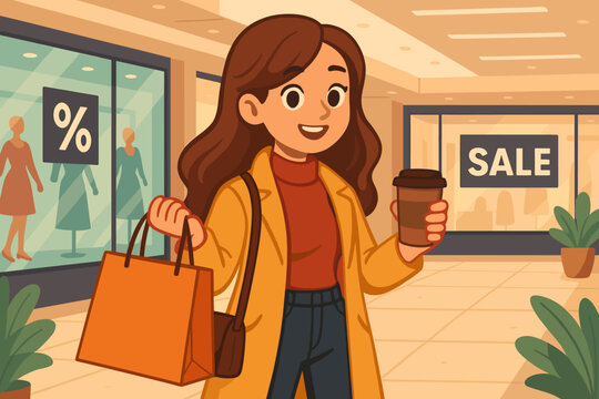 Happy Woman Shopping with Coffee Cup and Bag in Modern Mall, Black Friday Discount Sale, Seasonal Fashion, Retail Therapy, Urban Lifestyle, Cartoon Vector Illustration
