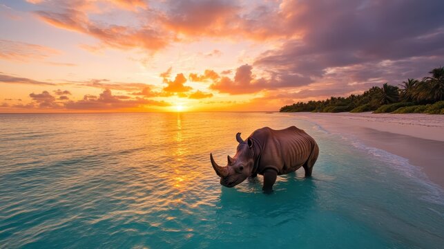 A surreal image of a rhinoceros strolling along a picturesque beach at sunset, creating a unique blend of wildlife and coastal beauty under a colorful sky.