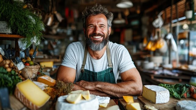 A bearded man proudly stands behind his artisan cheese shop, showcasing a variety of gourmet cheeses and smiling with joy, embodying the essence of craftsmanship and quality. - Powered by Adobe
