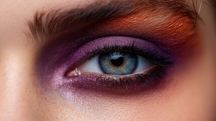Obraz premium A close-up view of a beautifully crafted eye makeup showcasing vibrant colors, blending purple, orange, and pink tones that accentuate the model's stunning features.