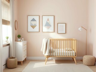 3d japandi nursery with geometric wall art and natural wood crib in soft minimal interior for peaceful baby room design